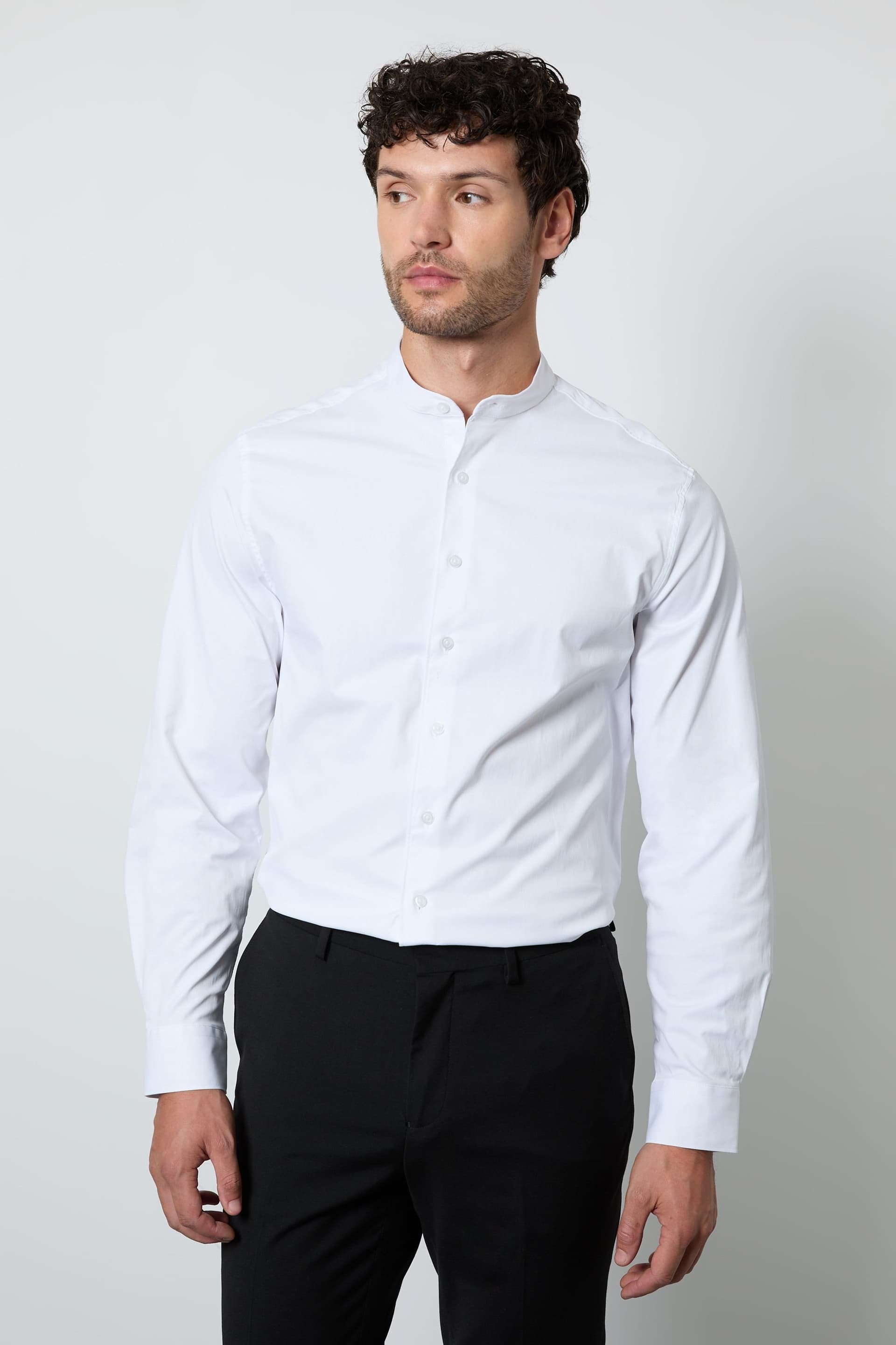 Burton Burton Men's White Grandad Collar Formal Slim Fit Shirt