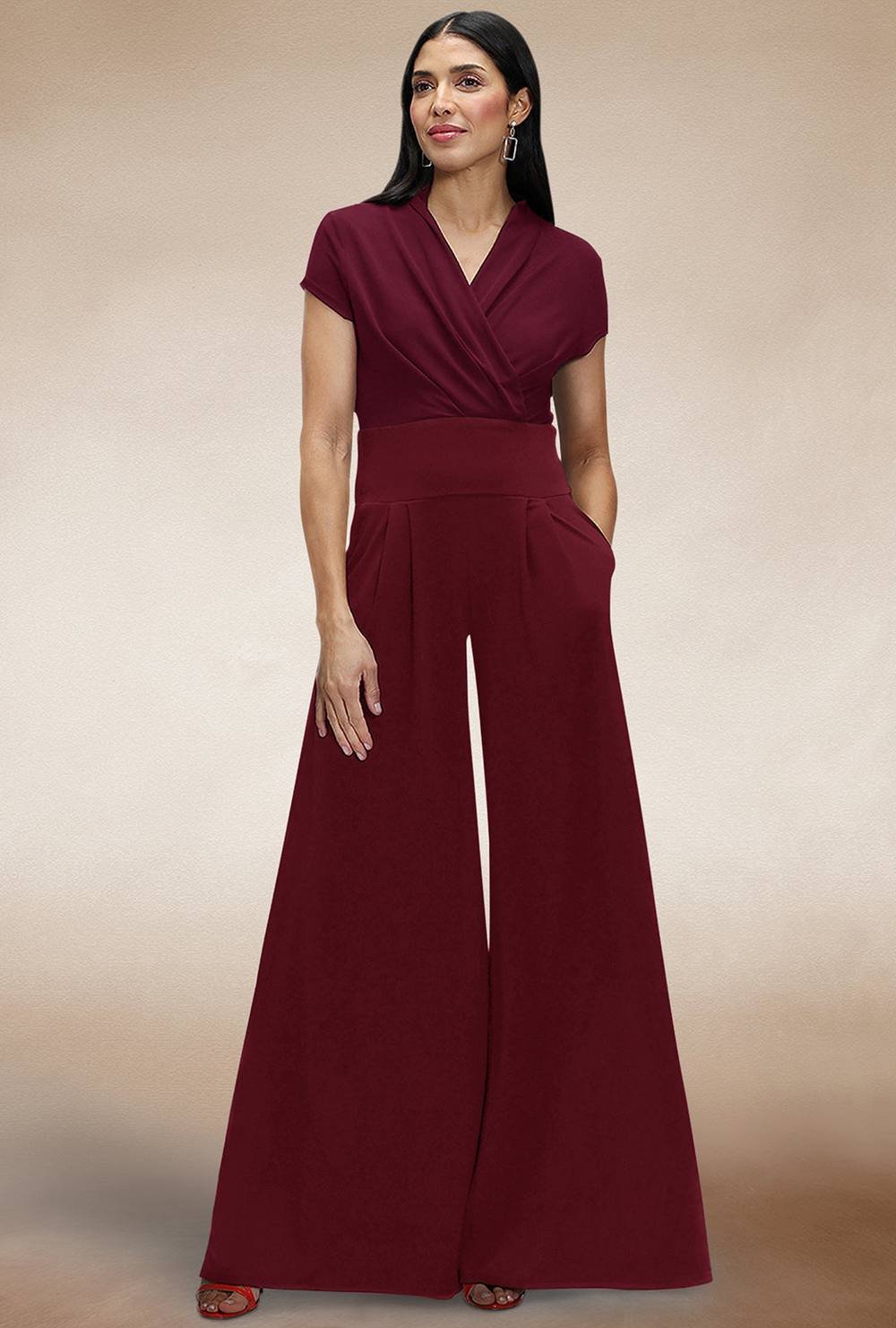 Hot Squash Hot Squash Women's Cap Sleeved Wide Leg Jumpsuit in Wine - 2