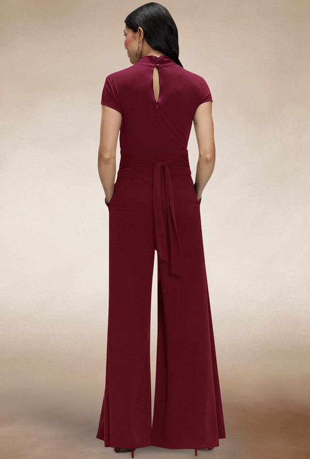 Hot Squash Hot Squash Women's Cap Sleeved Wide Leg Jumpsuit in Wine - 2