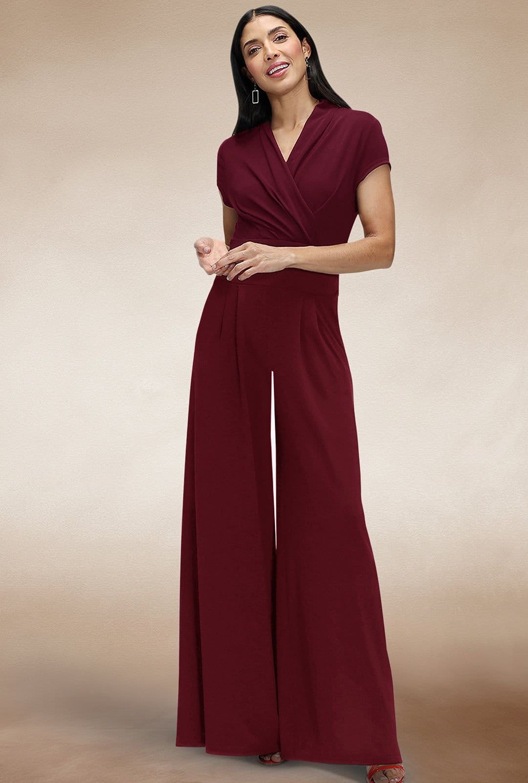 Hot Squash Hot Squash Women's Cap Sleeved Wide Leg Jumpsuit in Wine - 4