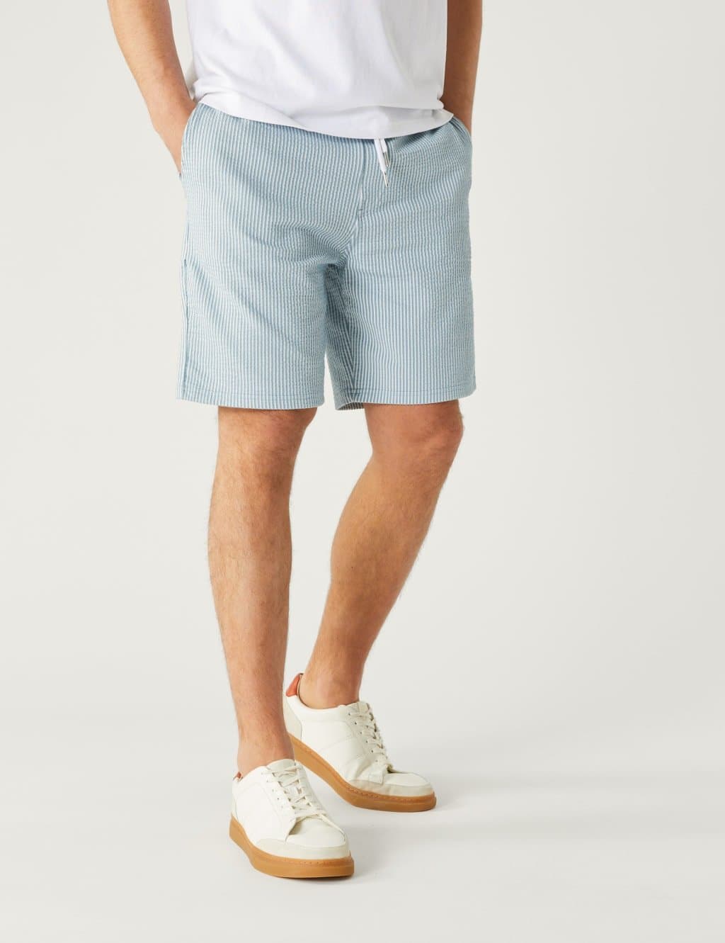 Marks & Spencer M&S Striped Drawstring Jersey Shorts Light Duck Egg