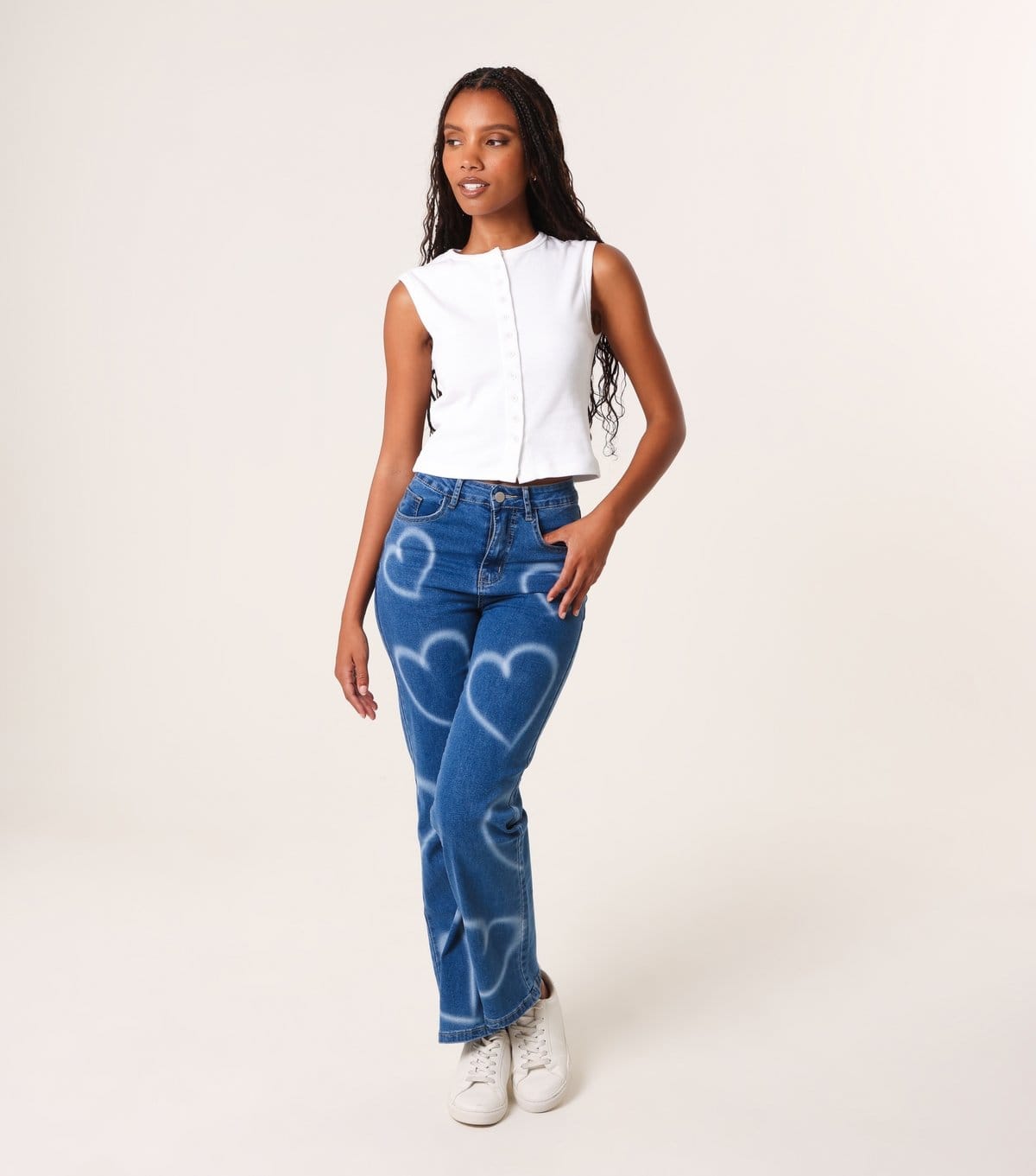 Pink Vanilla Heart Print Blue Relaxed Fit Jeans For Women