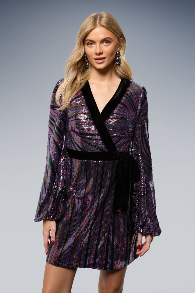 Oasis Oasis Women's Multi Sequin Balloon Sleeve Wrap Mini Dress - 2