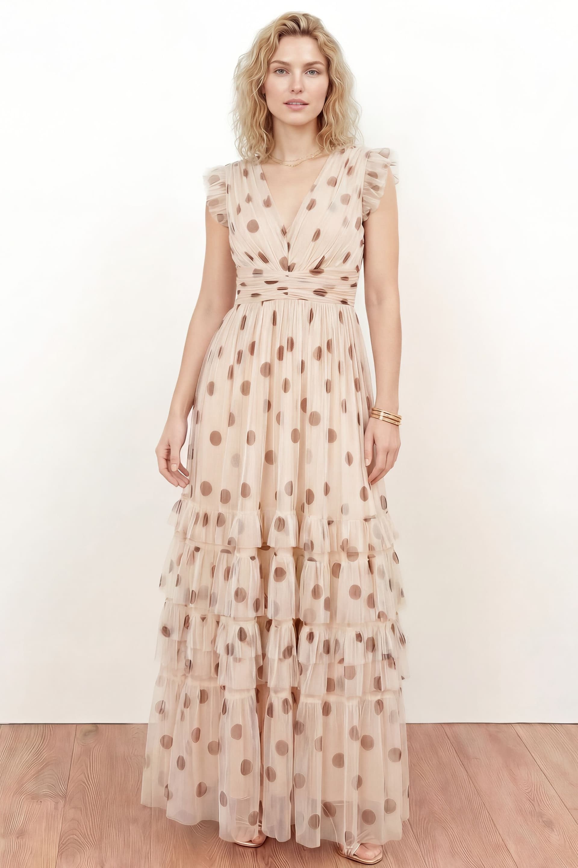 Anaya with Love Anaya with Love Women's Polka Dot Flutter Sleeve Ruffle Maxi Dress in Cream