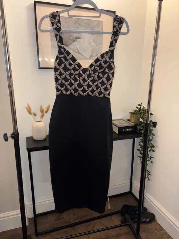 ASOS ASOS Sweetheart Plunge Embellished Top Wrap Pencil MIDI Dress in Black UK 6