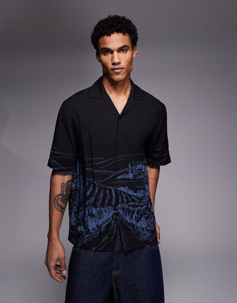 ASOS HUGO Red espino oversized fit open collar print shirt in black - 1