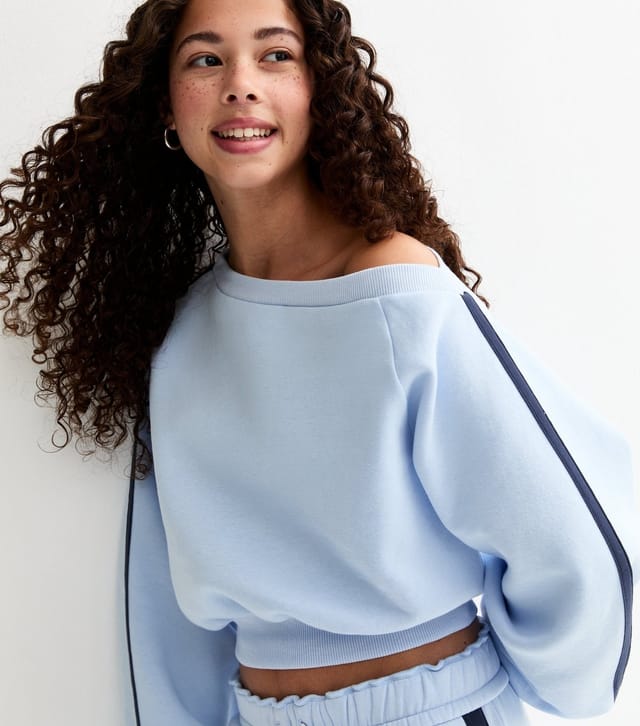 New Look Girls' Light Blue Off The Shoulder Side Stripe Sweatshirt New Look - 2