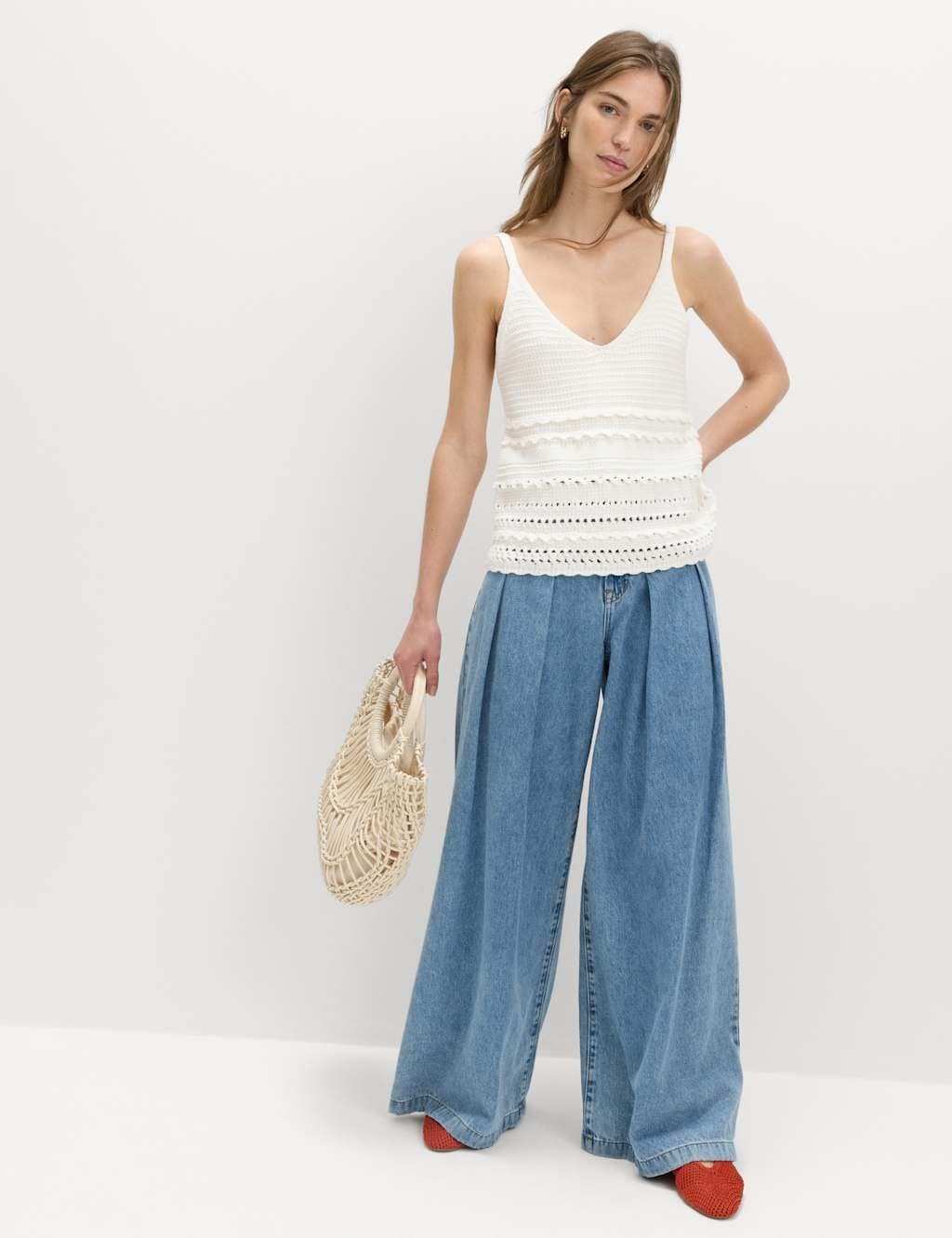 Marks & Spencer M&S Cotton Rich Textured V-Neck Knitted Vest Soft White