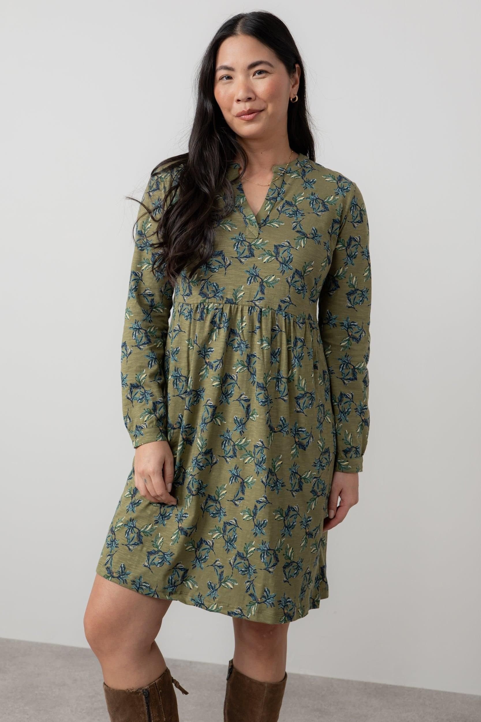 Lily & Me Lily & Me Women's Fable Printed Cotton Jersey Dress with Full length sleeves in Green