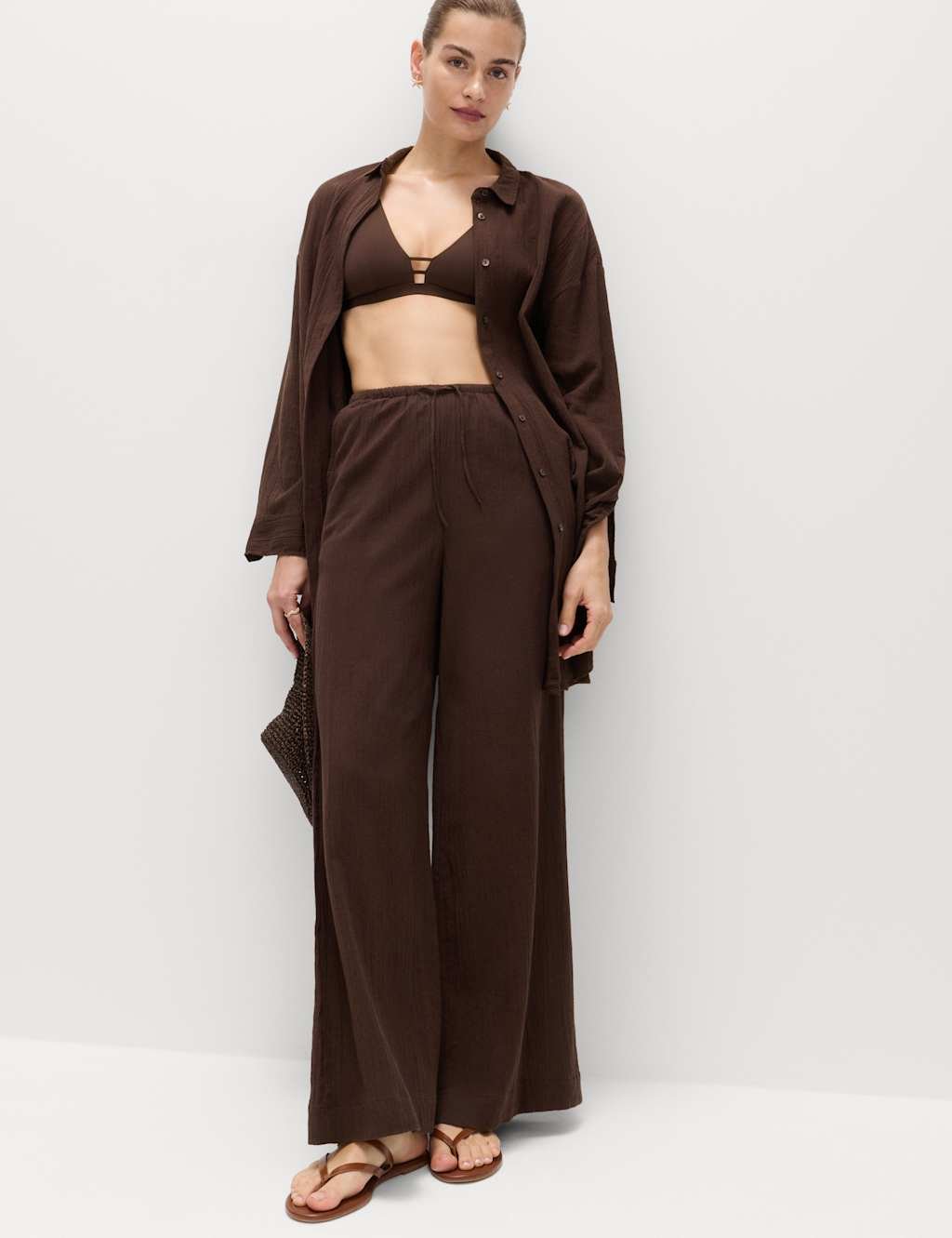 Marks & Spencer M&S Cotton Rich Beach Trousers with Linen Peat - 2