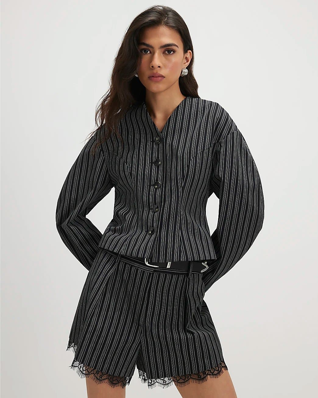 River Island River Island Womens Black Pinstripe Cocoon Sleeve Jacket