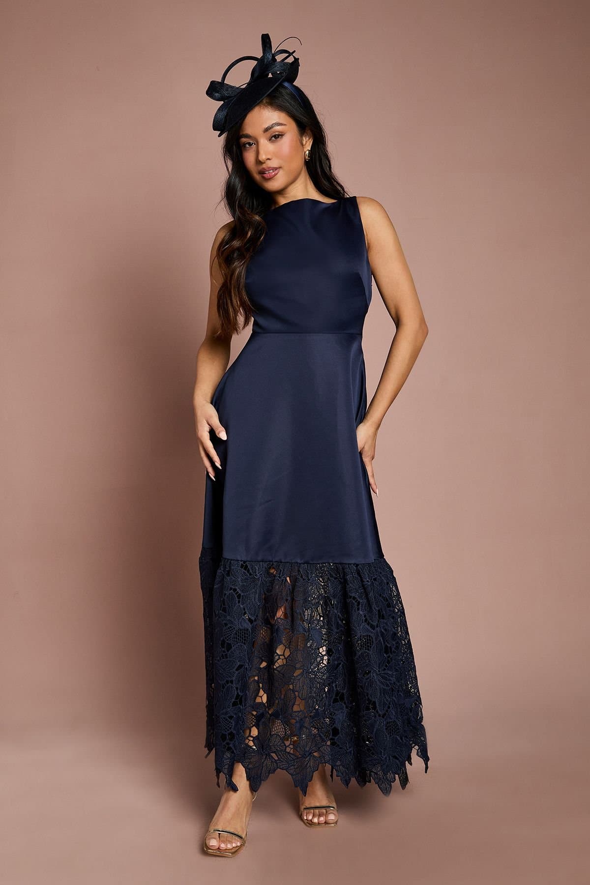 Coast Coast Women's Petite Lace Hem Structured Satin Maxi Dress in Navy
