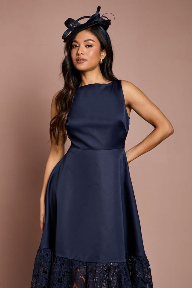 Coast Coast Women's Petite Lace Hem Structured Satin Maxi Dress in Navy - 2