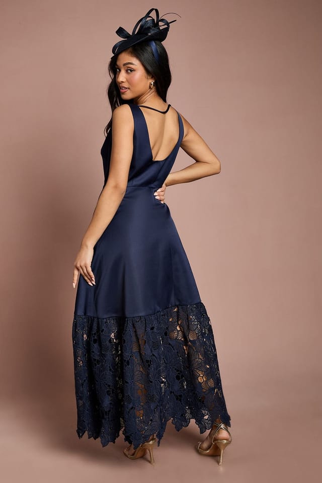 Coast Coast Women's Petite Lace Hem Structured Satin Maxi Dress in Navy - 3