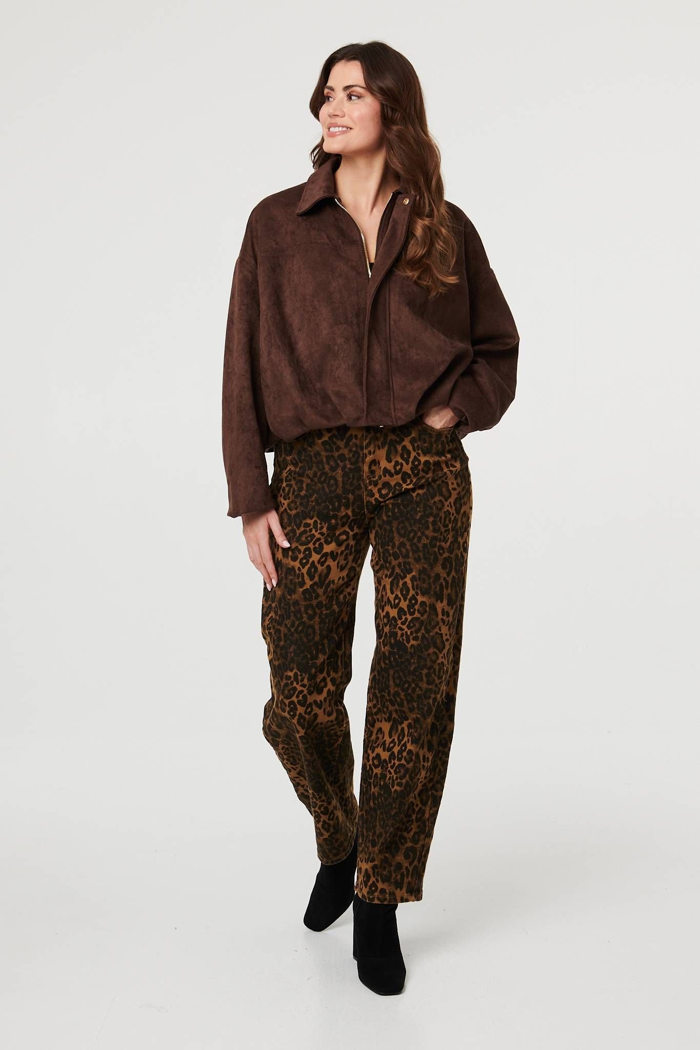 Izabel London Izabel London Women's Faux Suede Long Sleeve Cropped Jacket in Brown - 4