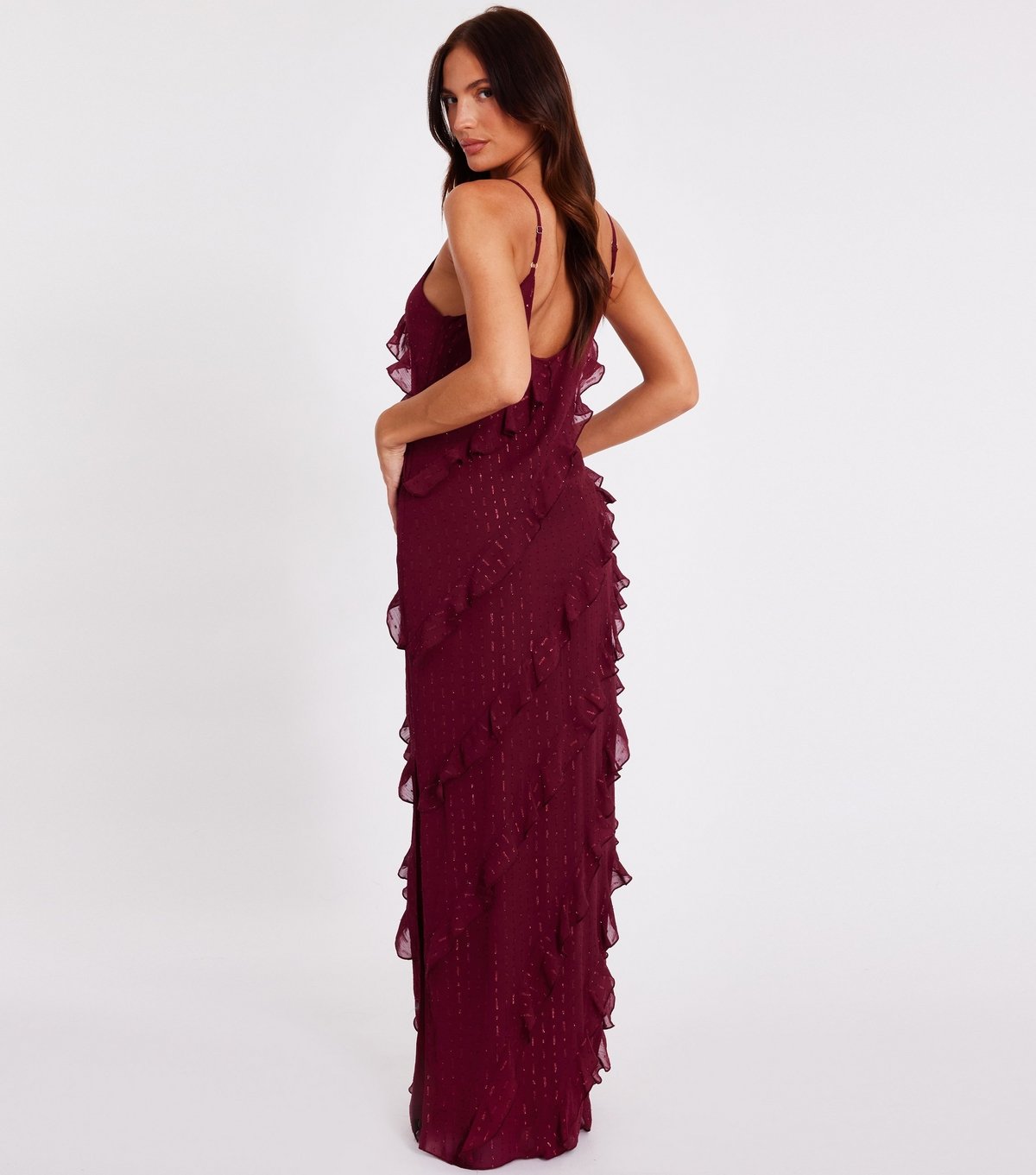 Quiz Women's Dark Red Chiffon Ruffle Midaxi Dress Quiz New Look - 3