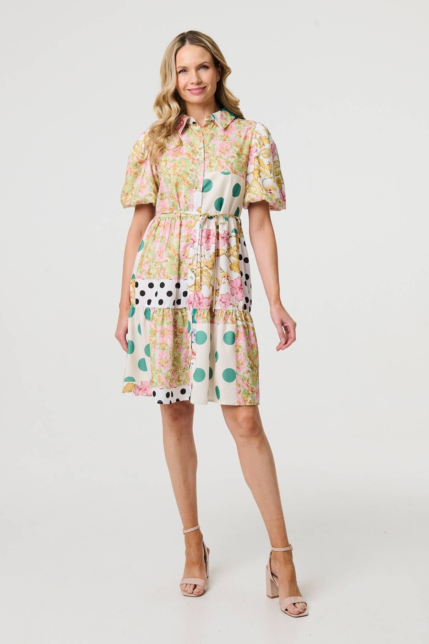 Izabel London Izabel London Women's Patchwork Print Knee Length Shirt Dress in Yellow