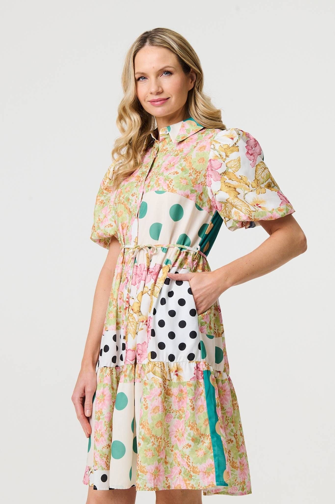 Izabel London Izabel London Women's Patchwork Print Knee Length Shirt Dress in Yellow - 4