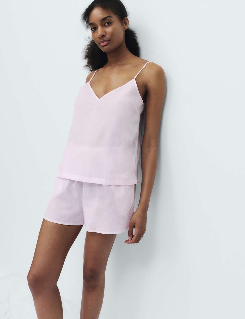 Marks & Spencer M&S Woven Striped Cami Shortie Pyjama Set Pink Mix