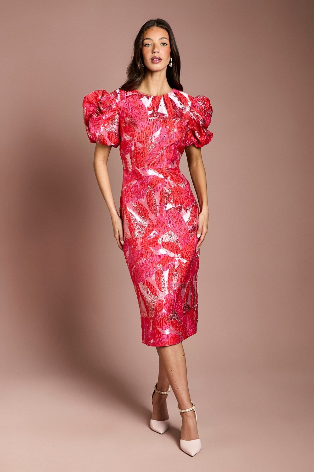 Coast Red Metallic Jacquard Puff Sleeve Pencil Dress