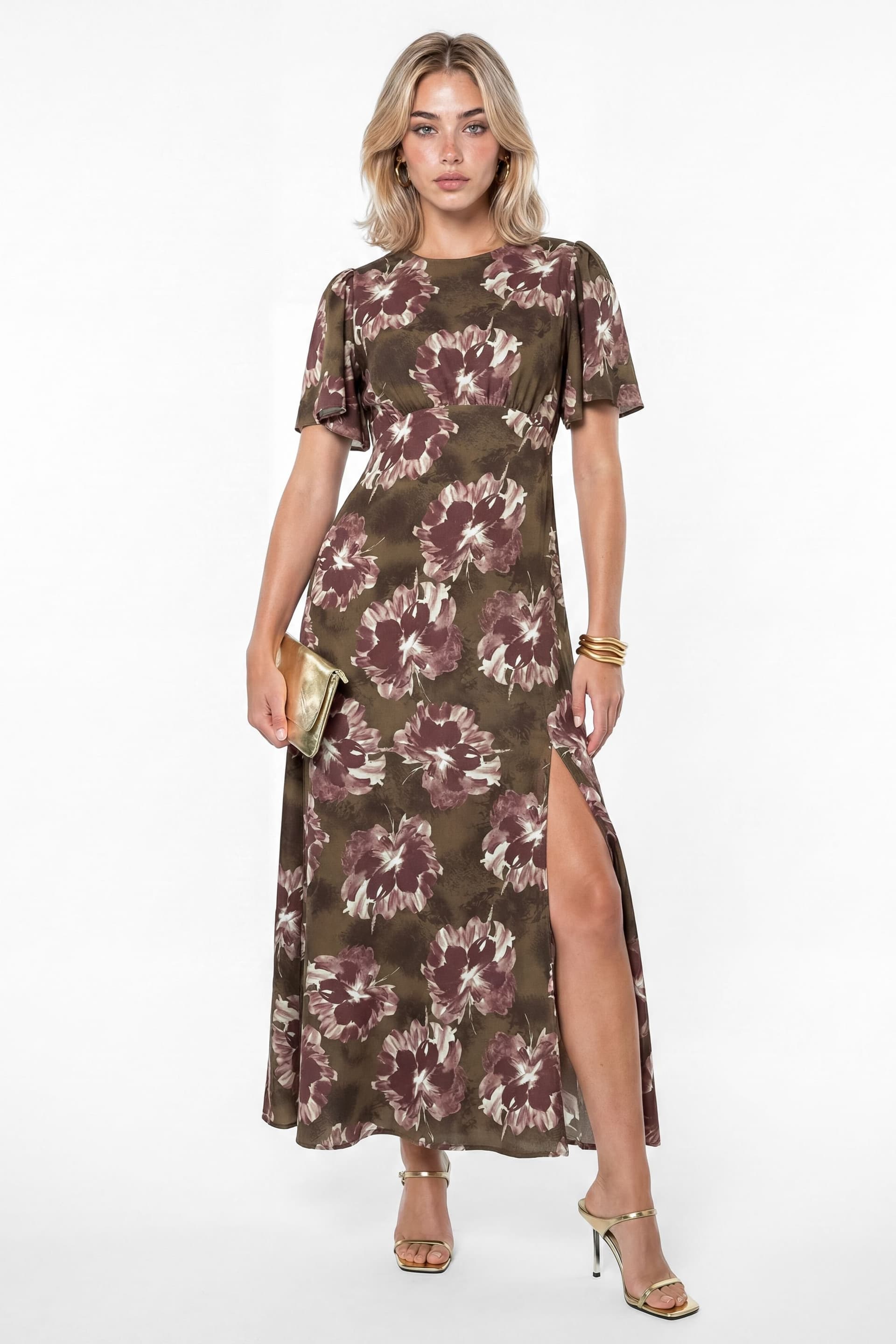 Lovedrobe Lovedrobe Women's Floral Tie-Back Angel Sleeve Midaxi Dress in Brown
