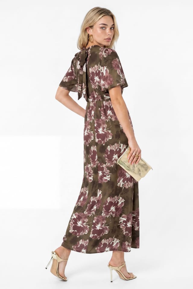 Lovedrobe Lovedrobe Women's Floral Tie-Back Angel Sleeve Midaxi Dress in Brown - 2