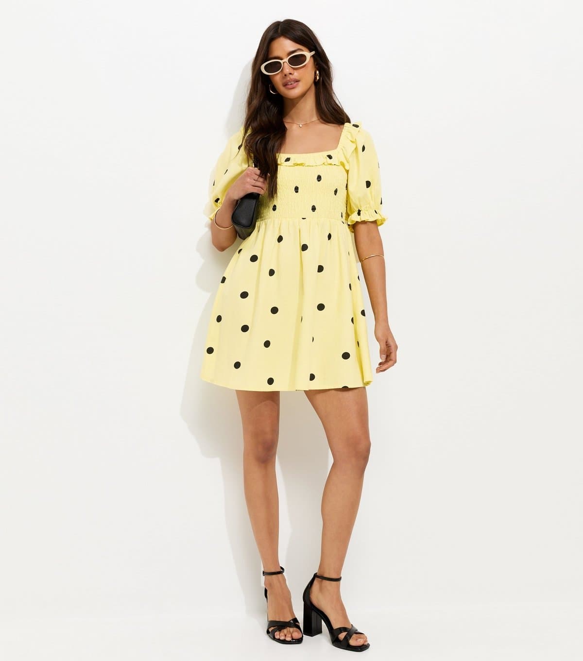 New Look Women's Yellow Polka Dot Shirred Short Sleeve Mini Dress New Look