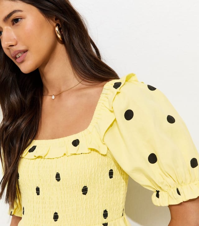 New Look Women's Yellow Polka Dot Shirred Short Sleeve Mini Dress New Look - 2