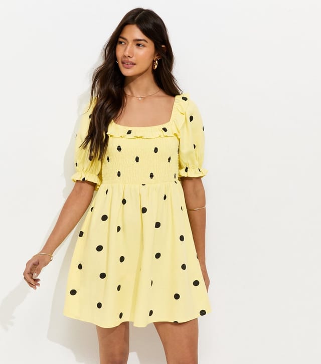 New Look Women's Yellow Polka Dot Shirred Short Sleeve Mini Dress New Look - 3