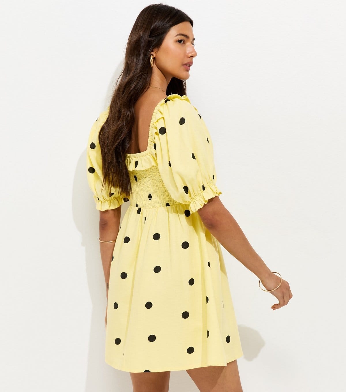 New Look Women's Yellow Polka Dot Shirred Short Sleeve Mini Dress New Look - 4