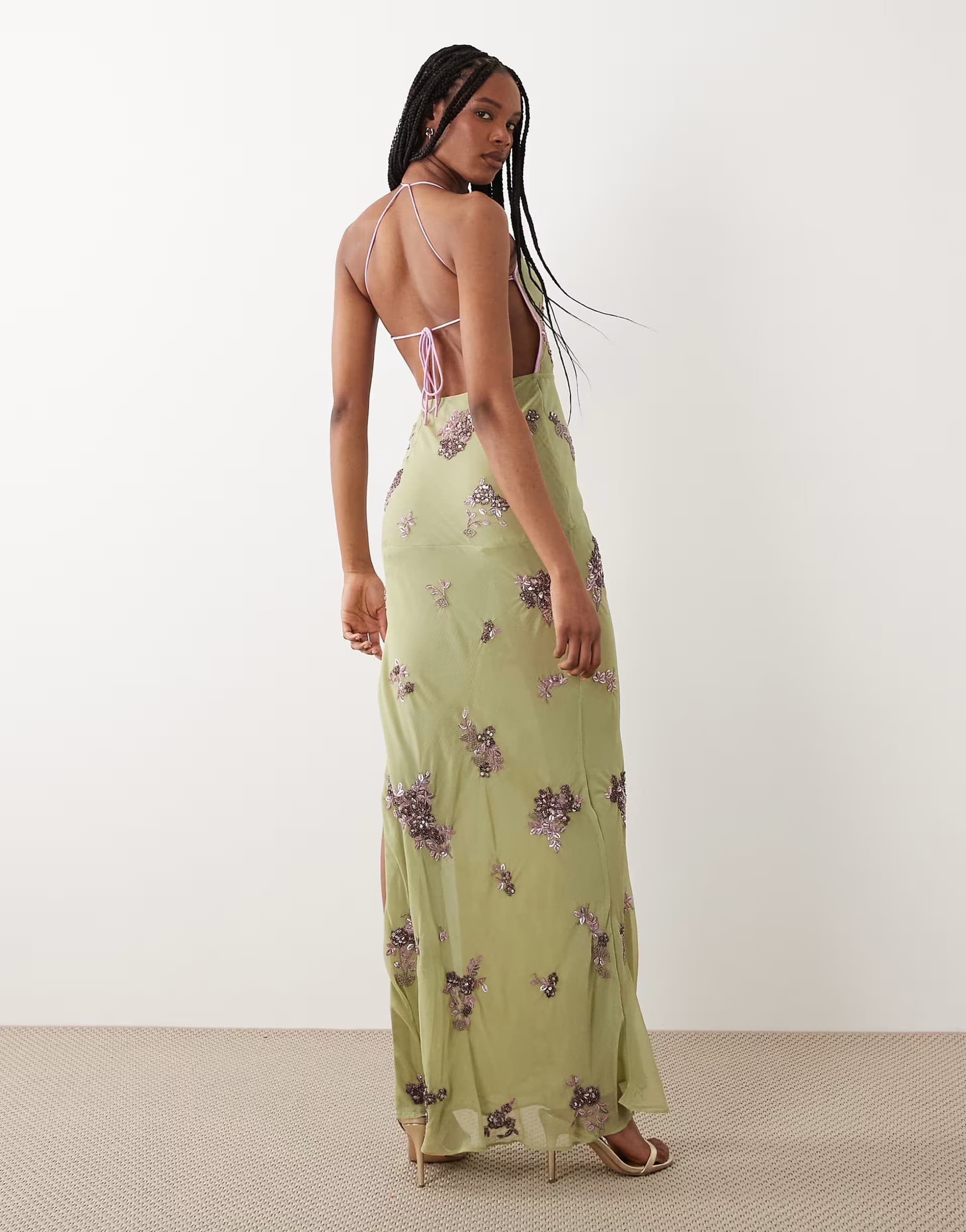 ASOS ASOS DESIGN Tall ditsy embellished bias semi sheer chiffon maxi dress with open back in multi