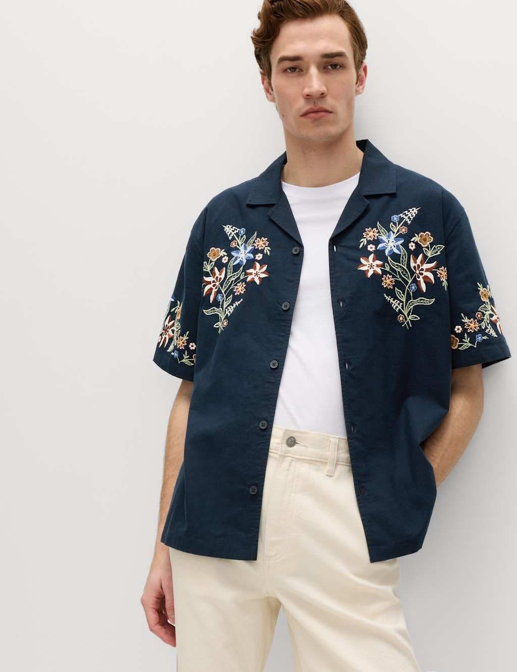 Marks & Spencer M&S Relaxed Fit Cotton Rich Embroidered Short Sleeve Shirt Navy Mix