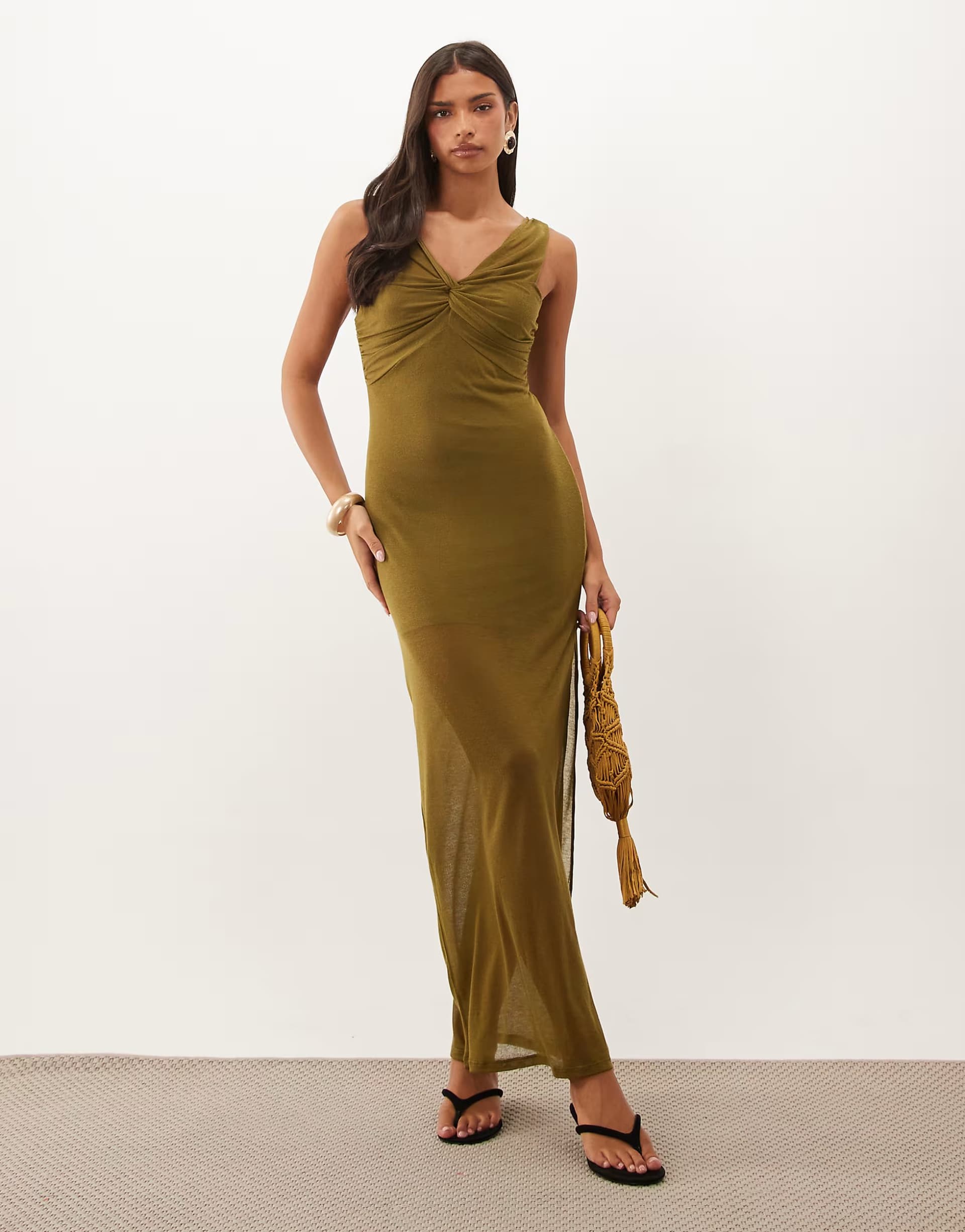 ASOS ASOS DESIGN soft semi sheer column maxi dress with twist bust detail in olive
