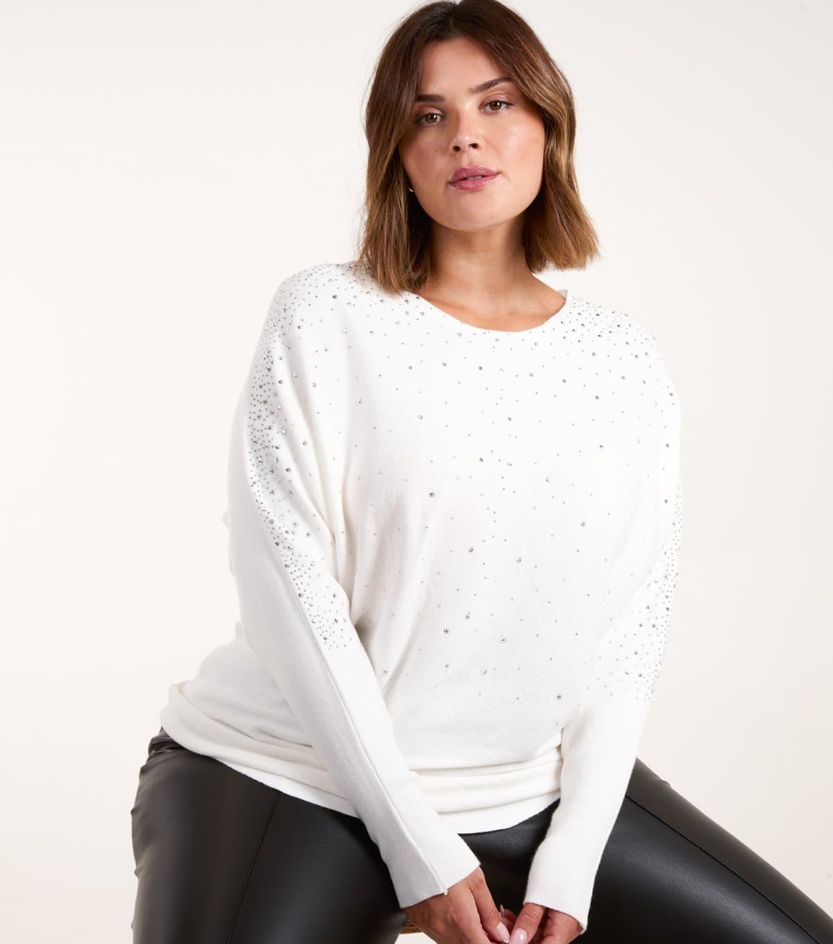 Blue Vanilla Women's Plus Size White Sparkly Jumper Curves Blue Vanilla New Look