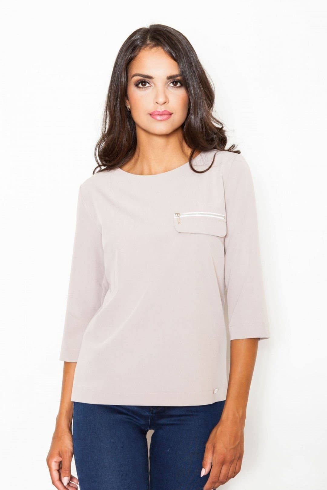 Love Lace Love Lace Women's Loose Fit Boat Neck Blouse with Zipper Pocket in Beige