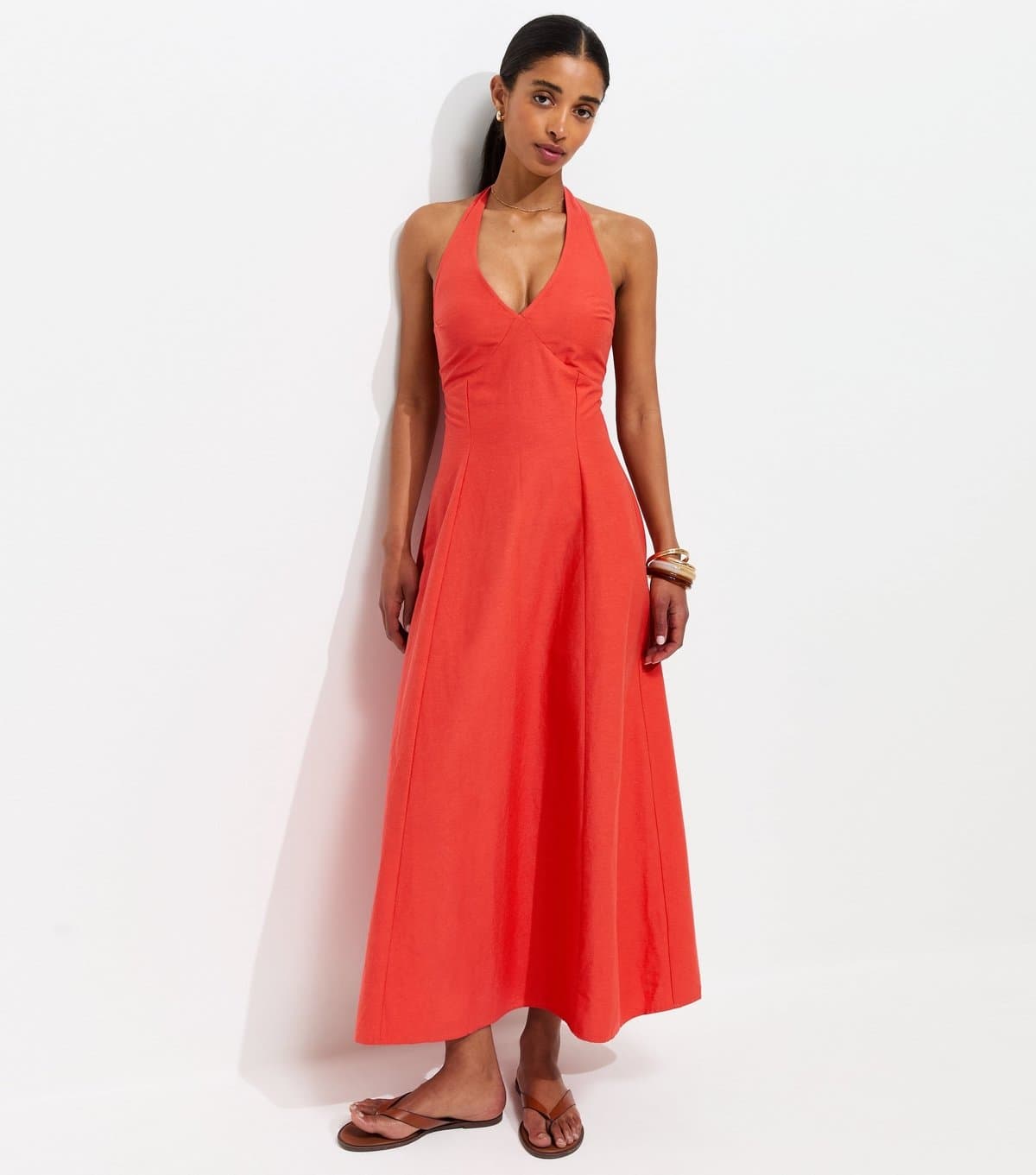 New Look Women's Red Halter Neck Cotton Rich Midi Dress New Look