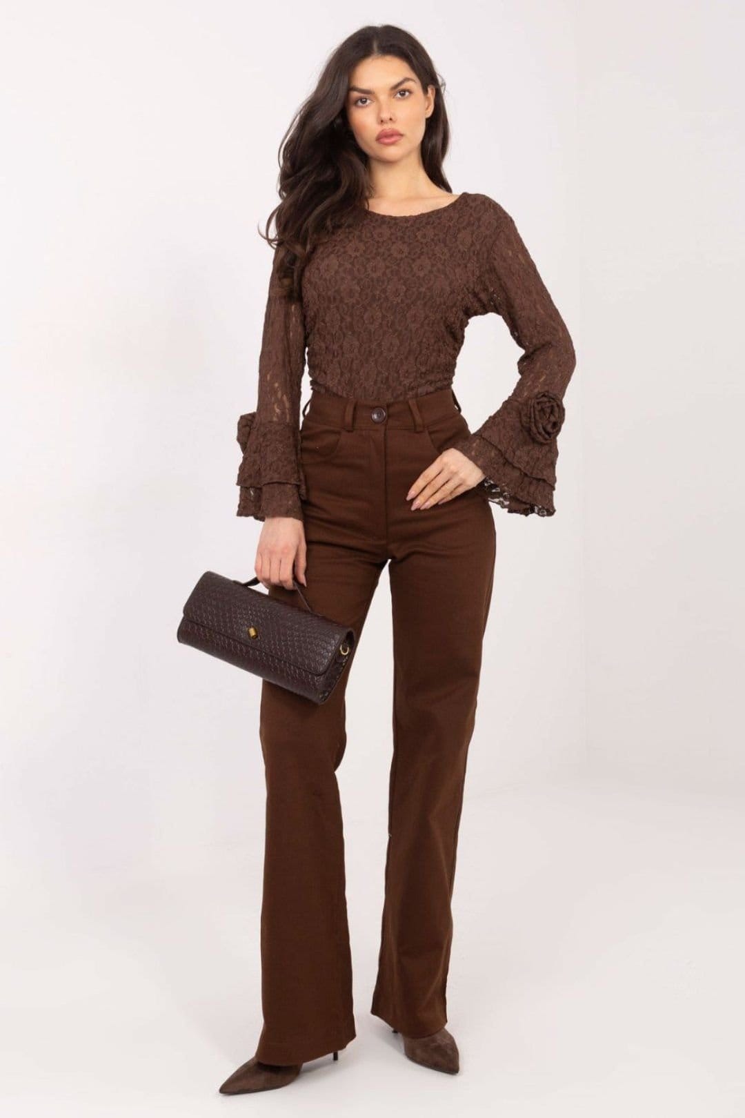 Love Lace Love Lace Women's High Waist Straight Leg Cotton Jeans in Brown - 4