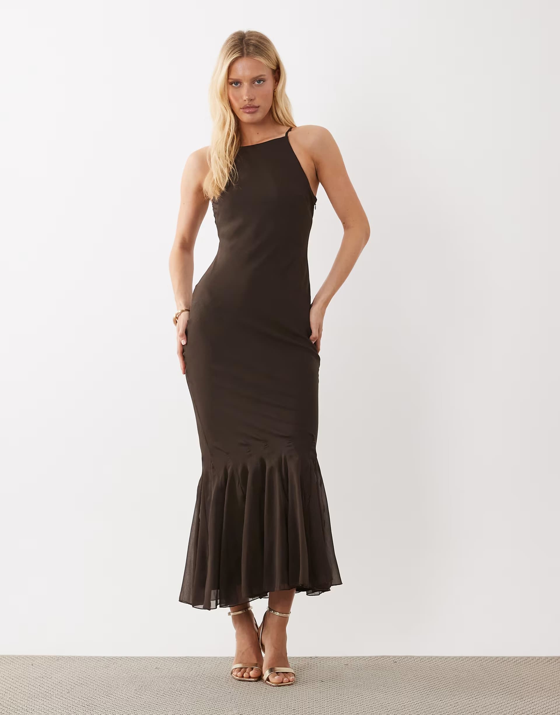 ASOS ASOS DESIGN chiffon sleeveless maxi dress with godet hem in chocolate brown