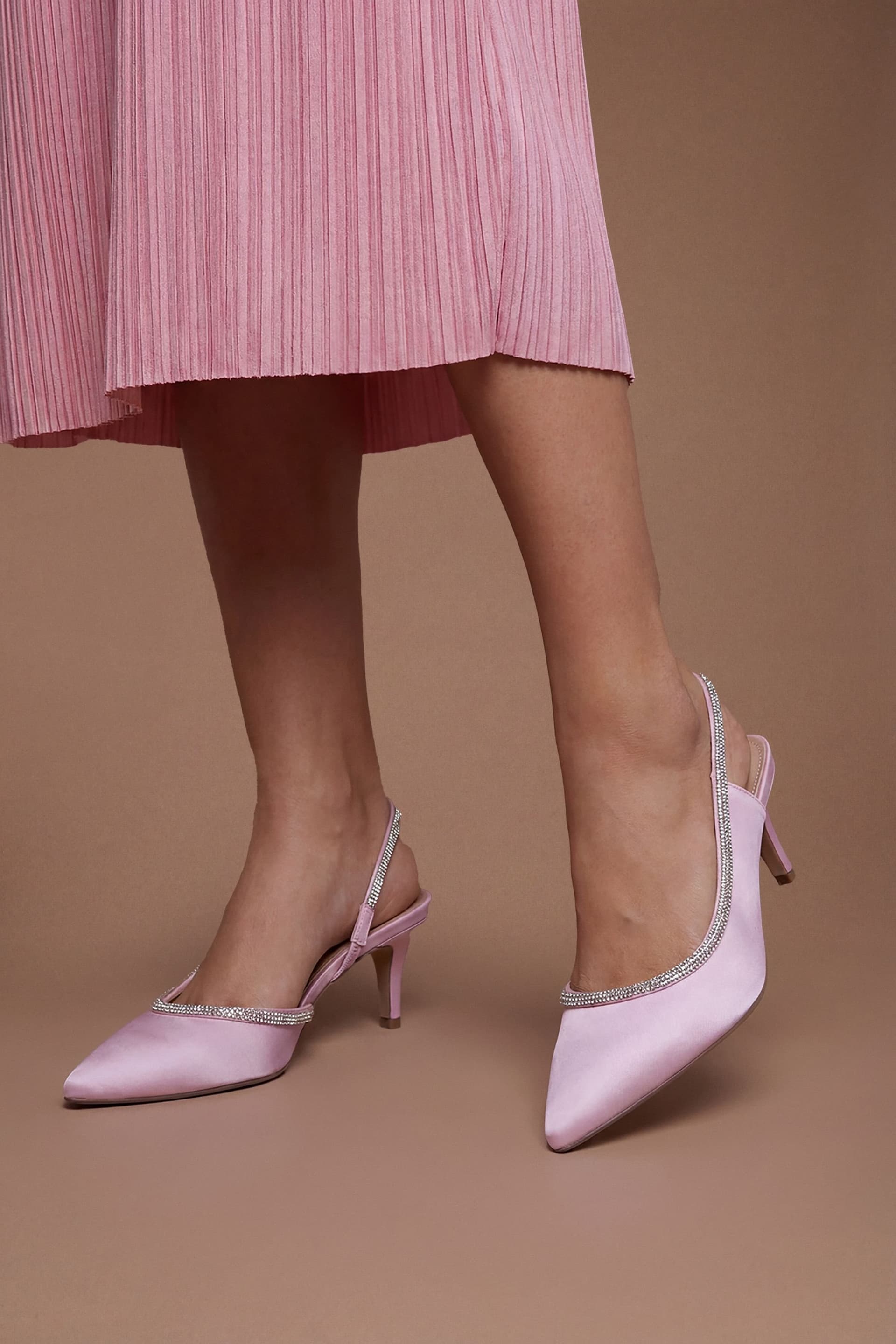 Coast Coast Women's Wide Fit Sabrina Satin Diamante Trim Slingback High Stiletto Court Shoes in Blush