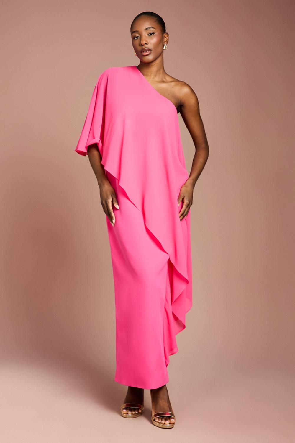 Coast Coast Women's One Shoulder Chiffon Cape Crepe Pencil Dress in Magenta - 2