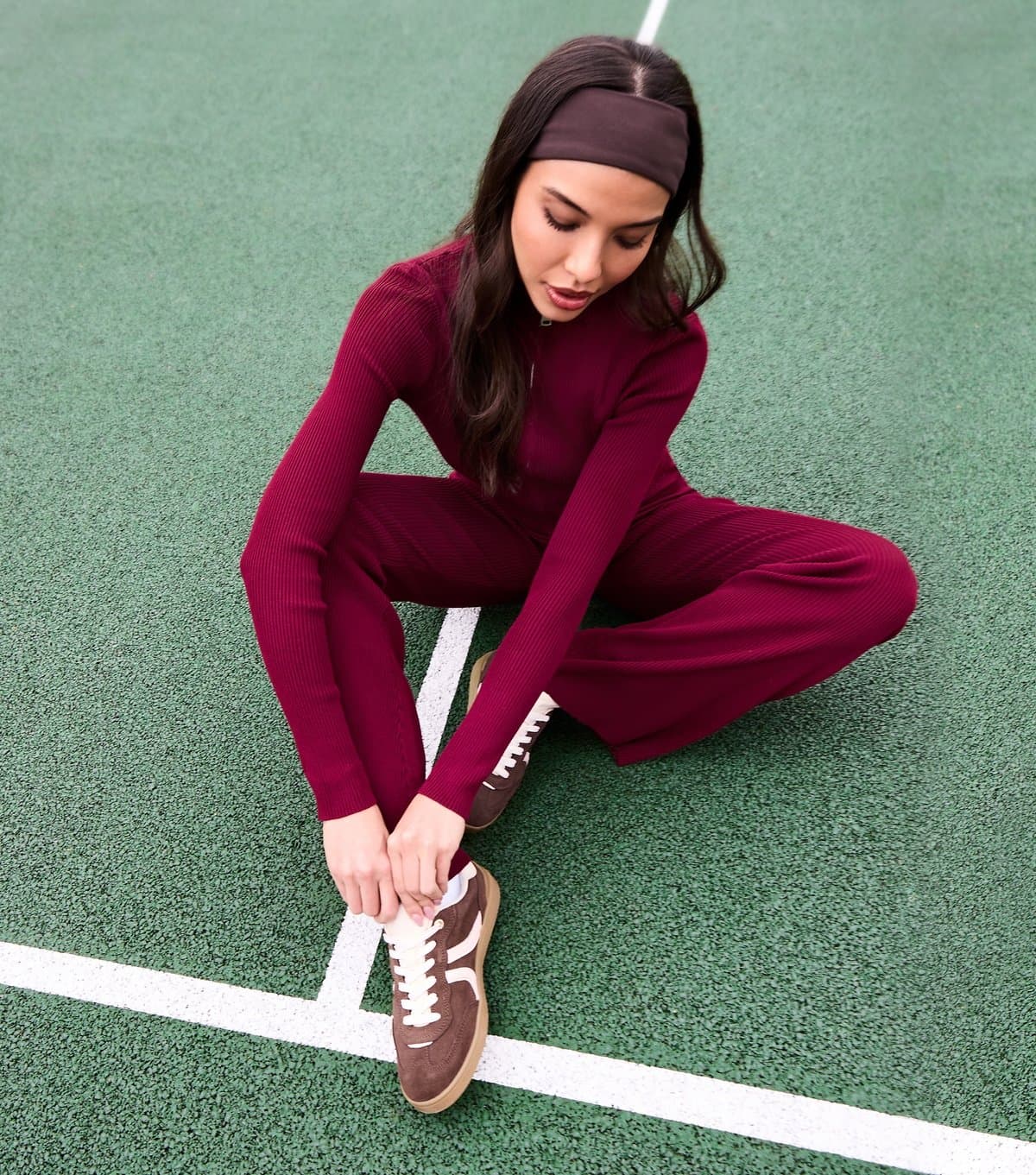 Pink Vanilla Women's Burgundy Ribbed Zip Up Top and Trousers Set Pink Vanilla New Look