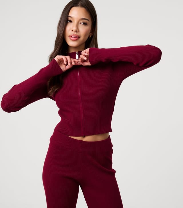 Pink Vanilla Women's Burgundy Ribbed Zip Up Top and Trousers Set Pink Vanilla New Look - 2