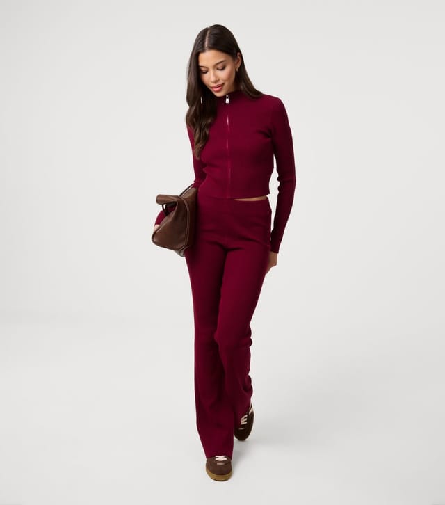 Pink Vanilla Women's Burgundy Ribbed Zip Up Top and Trousers Set Pink Vanilla New Look - 3