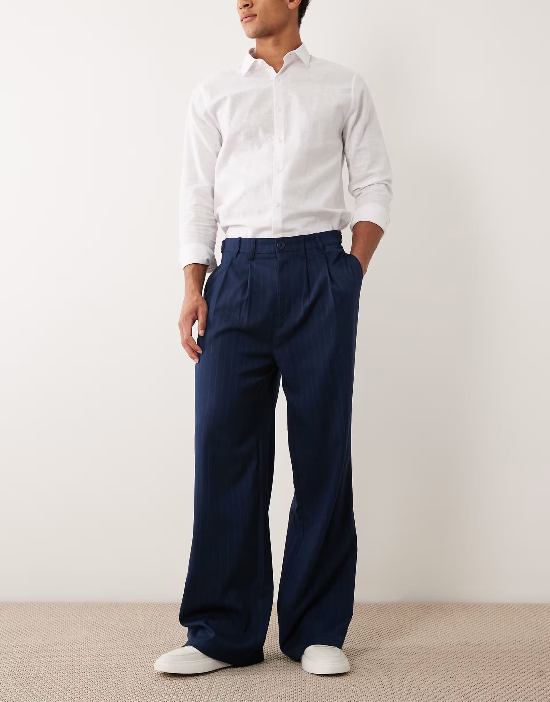 ASOS Cotton On super baggy pleated trouser in navy pinstripe