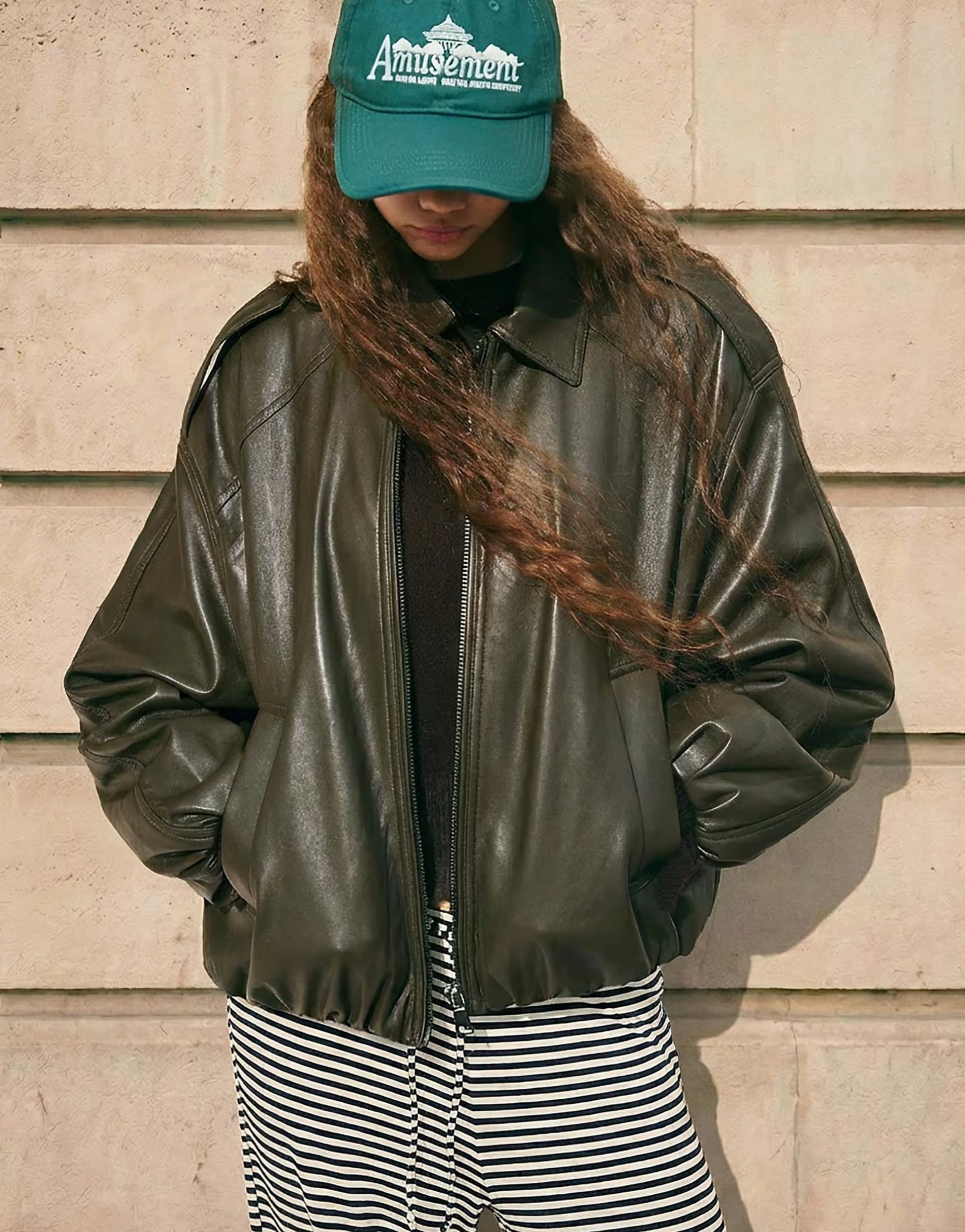 ASOS Bershka Leather effect balloon jacket in khaki