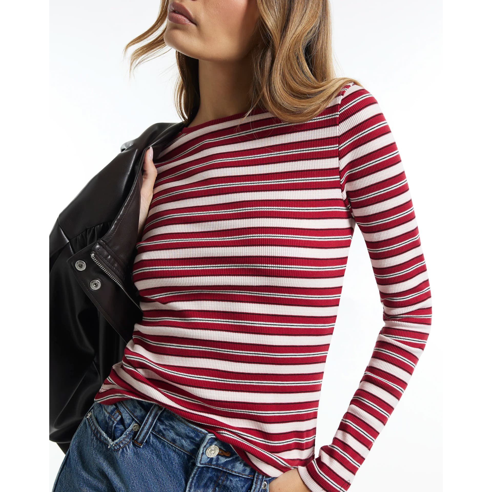 River Island River Island Womens Red Long Sleeve Crew Neck Stripe Rib Top