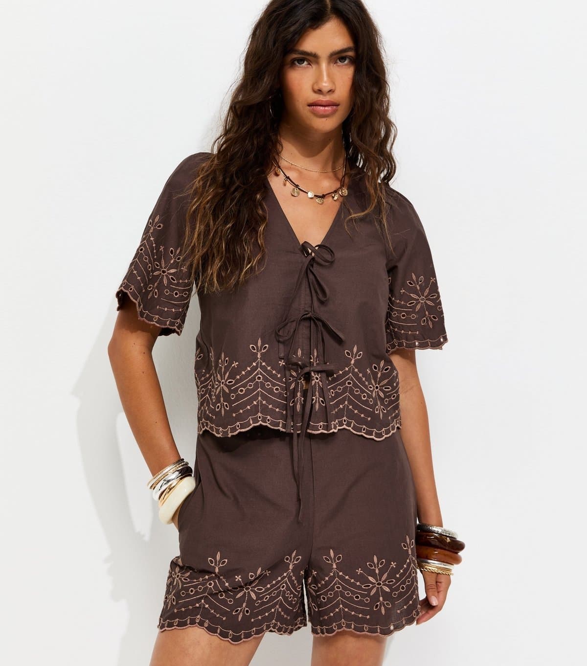 New Look Women's Brown Cotton Embroidered Scalloped Hem Tie Blouse New Look