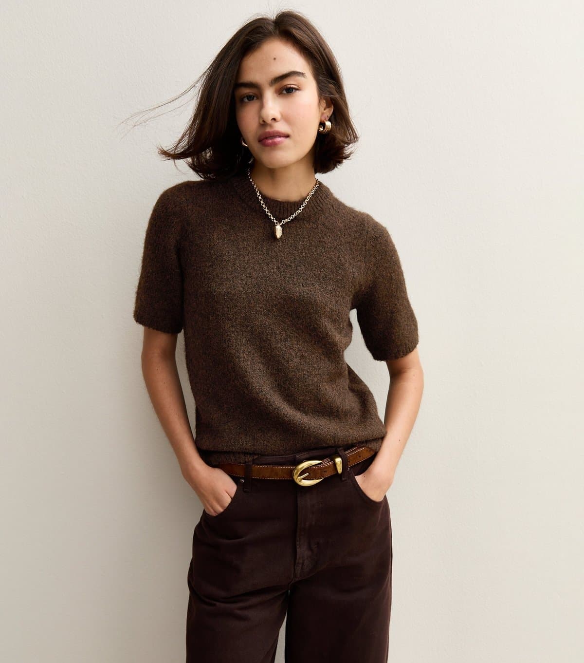 New Look Women's Dark Brown Short Sleeve Knit Top New Look