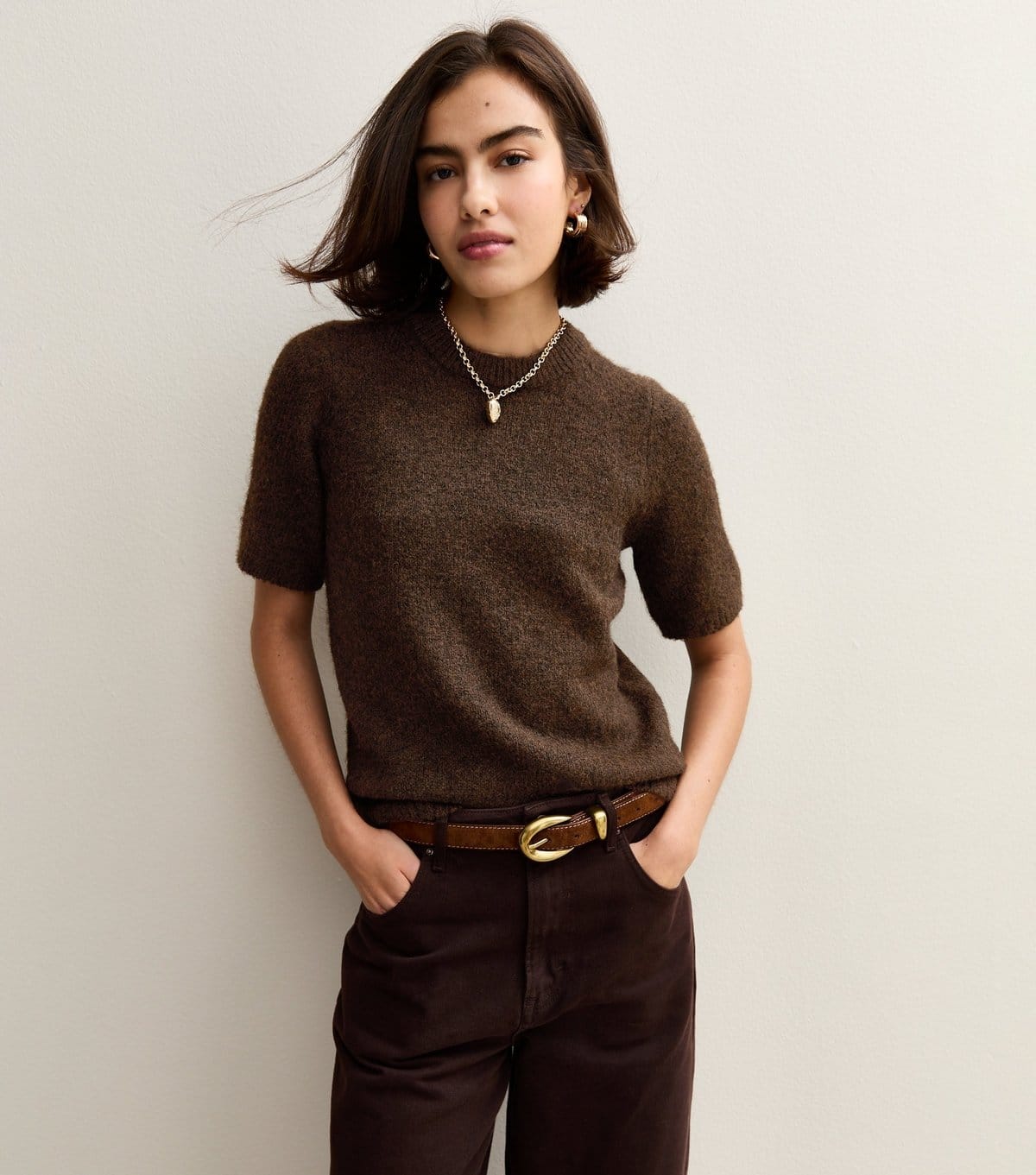 New Look Dark Brown Short Sleeve Knit Top