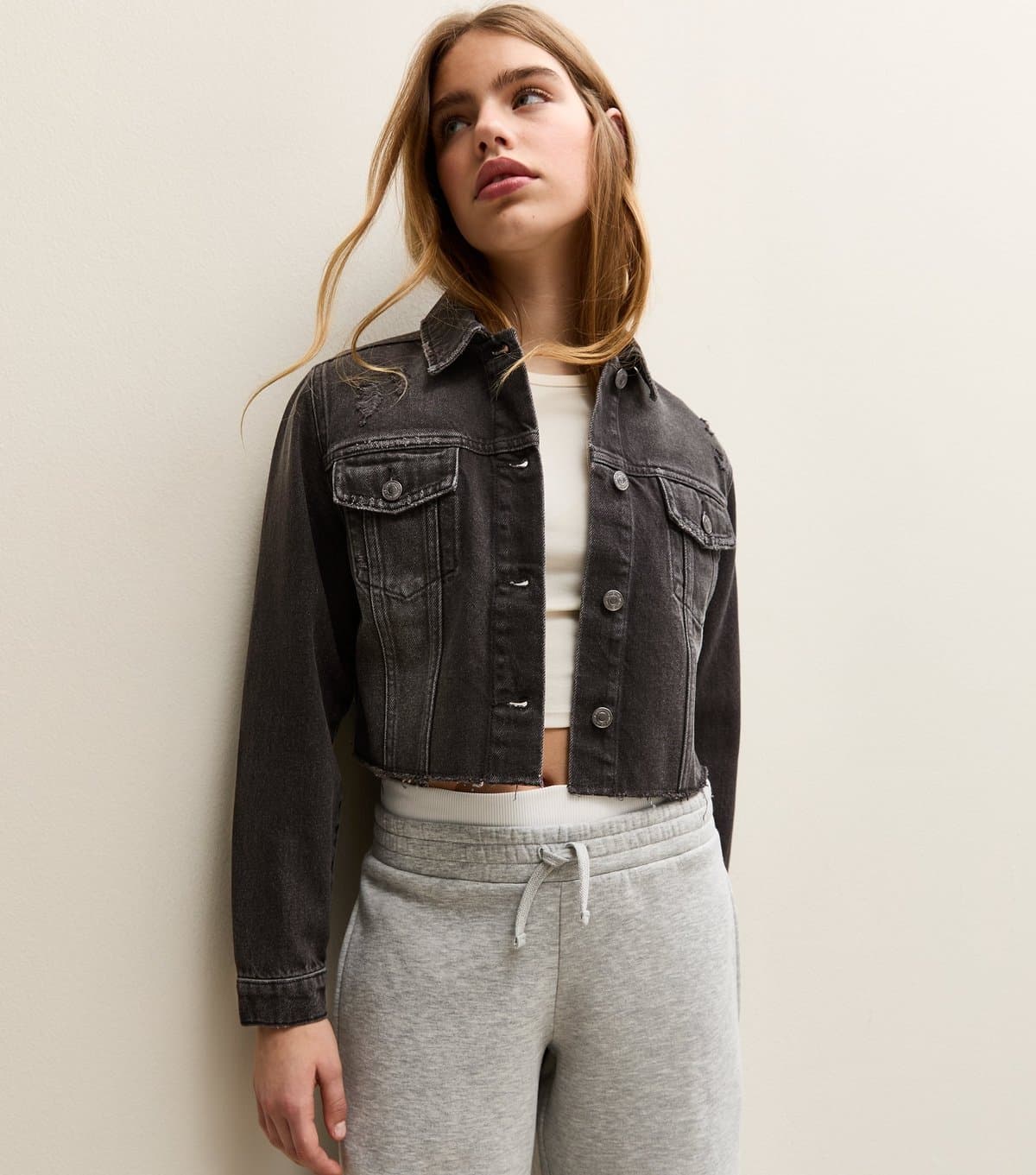New Look Girls' Black Distressed Cropped Denim Jacket New Look